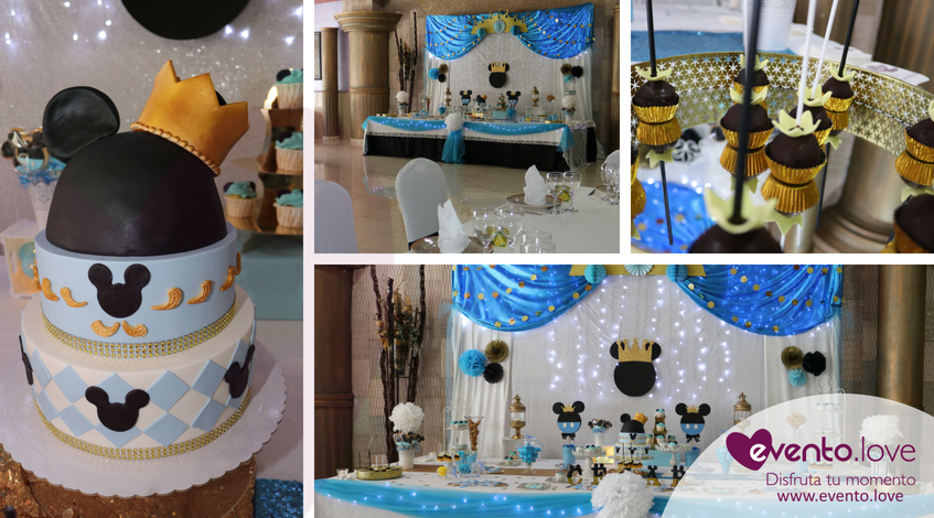 bautizo con mickey mouse Madrid césar azul negro dorado corona rey tarta fondant mesa dulce cakepops