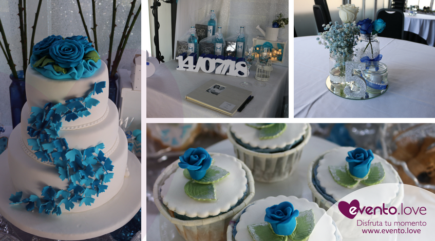 boda con rosas azules enlace tarta mariposas centros de mesa decoración cupcakes madrid