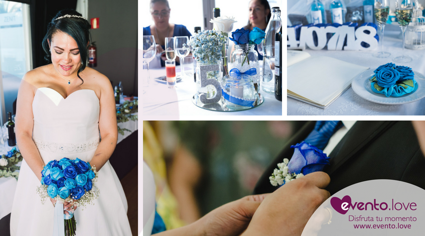 fotos de la boda con rosas azules ramo novia azul vestido blanco nudo corbata novio mesa invitados enlace decoración Madrid
